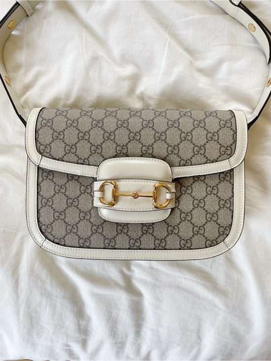 Gucci Handbags - Gucci Supreme 1955 Horsebit Shoulder Bag with White Trim, Deadstock, Medium